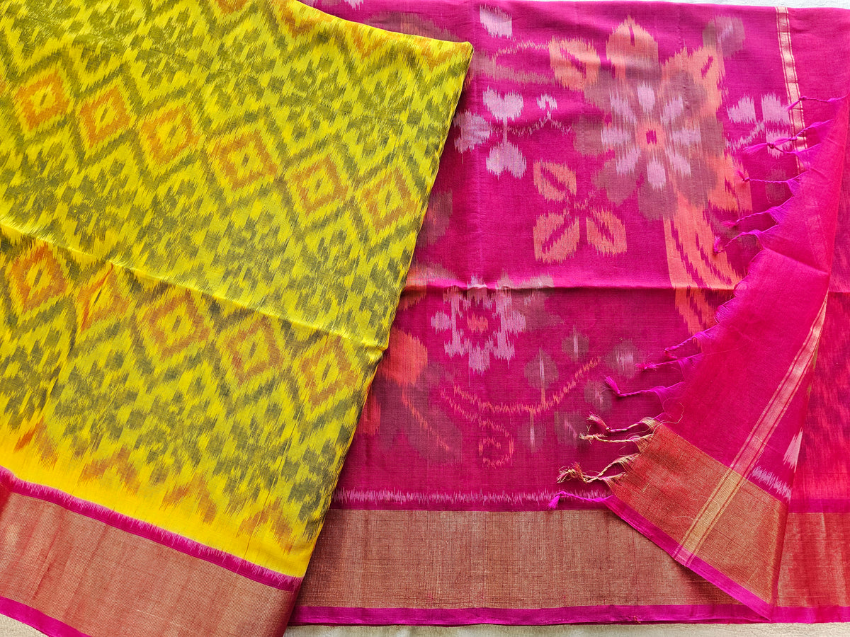 Yellow with Pink Pochampally Ikkat Silk Cotton (SICO Pattu) (Copy)