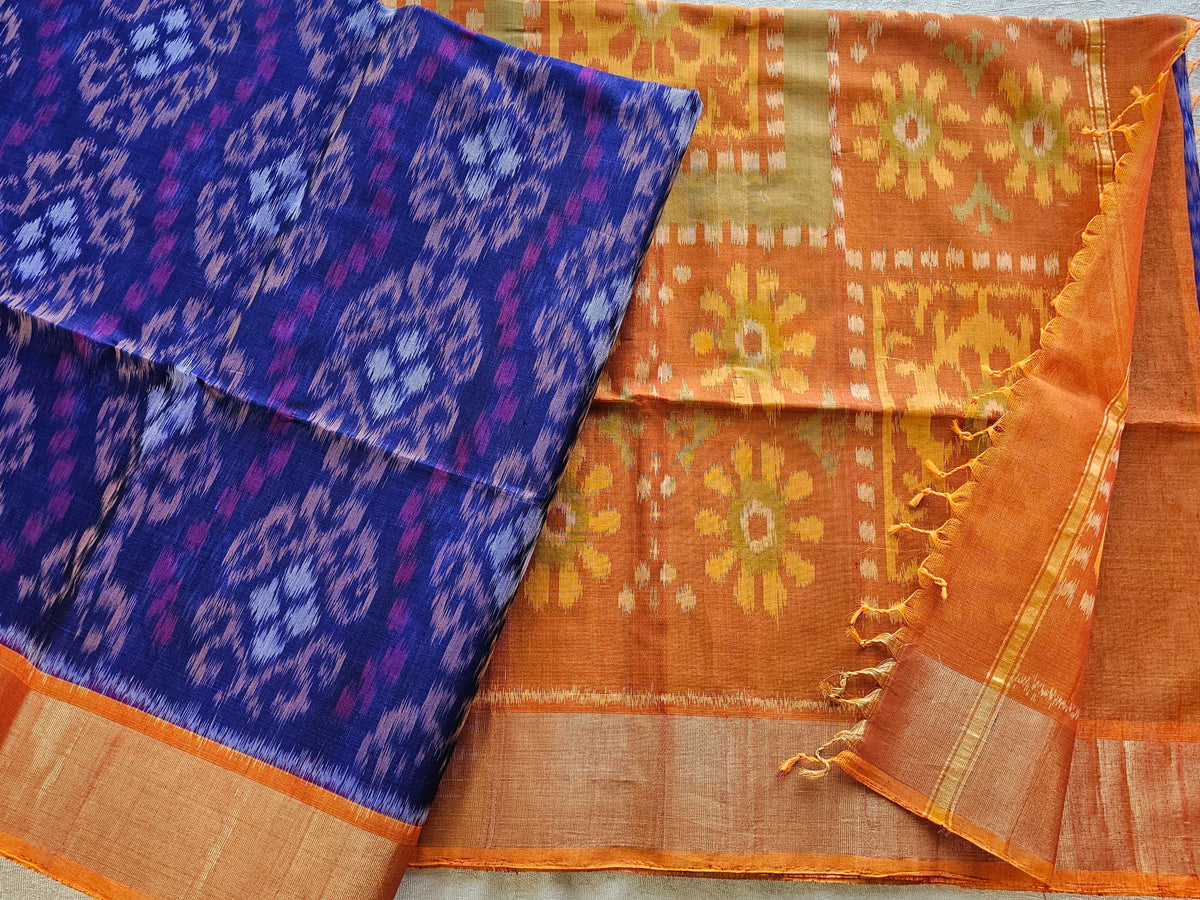 Blue with Rust Orange Pochampally Ikkat Silk Cotton (SICO Pattu)