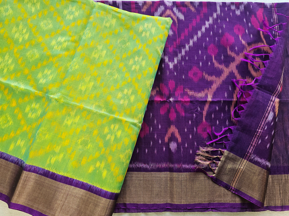 Green with Purple Pochampally Ikkat Silk Cotton (SICO Pattu)