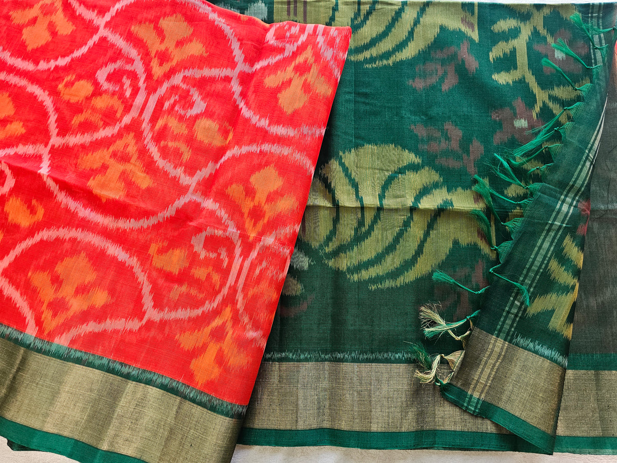 Orange with Green Pochampally Ikkat Silk Cotton (SICO Pattu)
