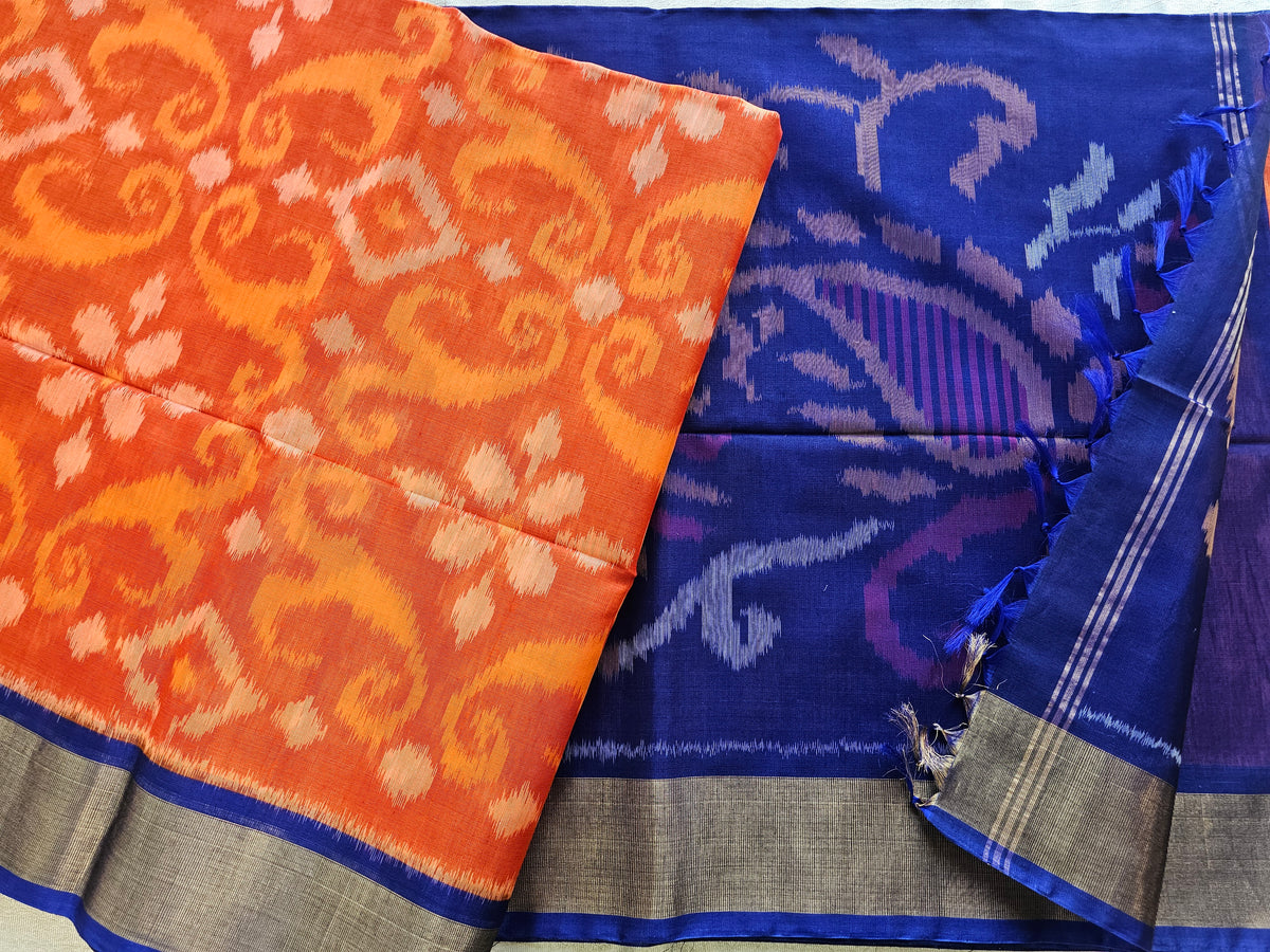 Orange with Blue Pochampally Ikkat Silk Cotton (SICO Pattu)