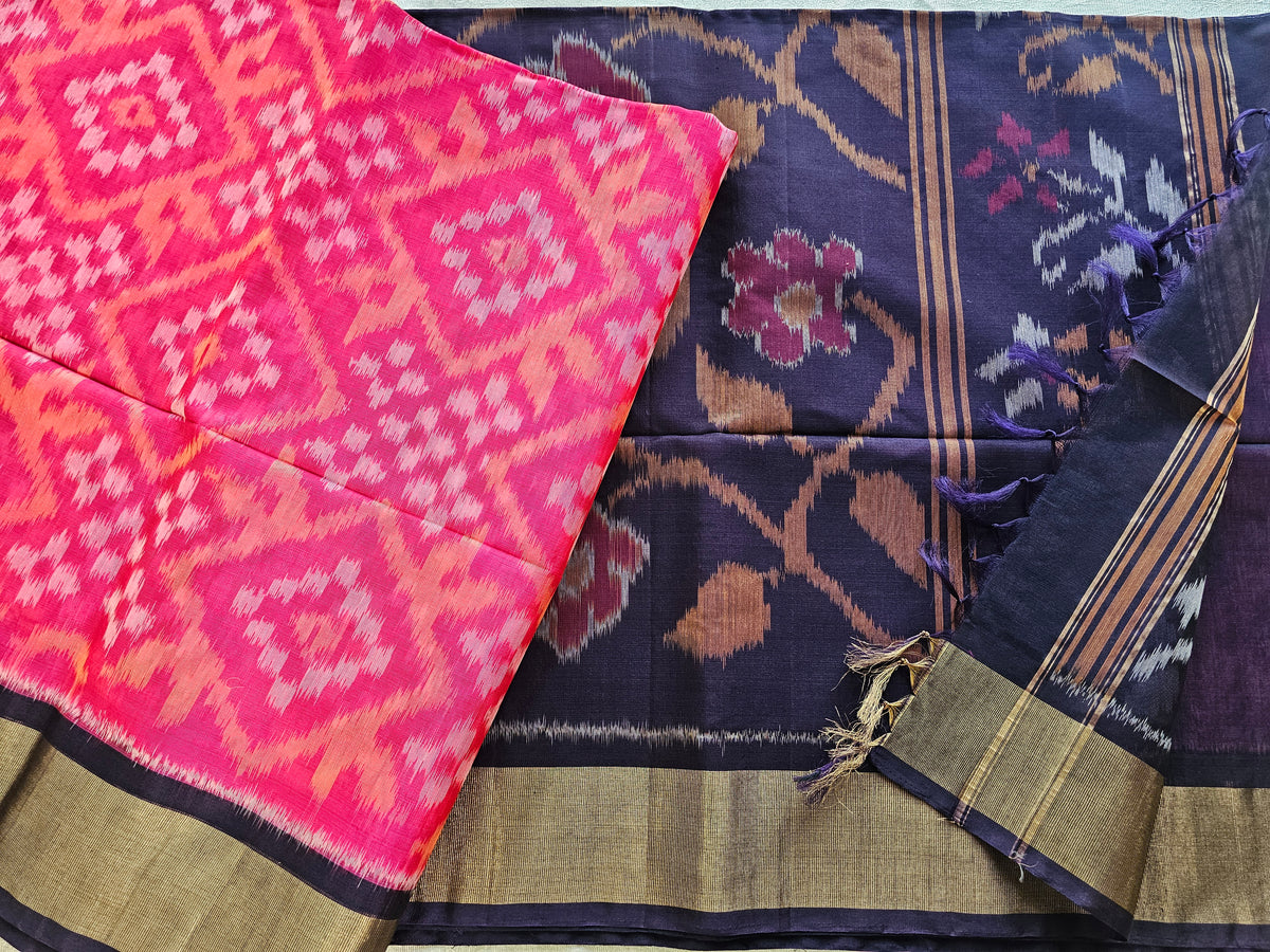 Pink with Black Pochampally Ikkat Silk Cotton (SICO Pattu)