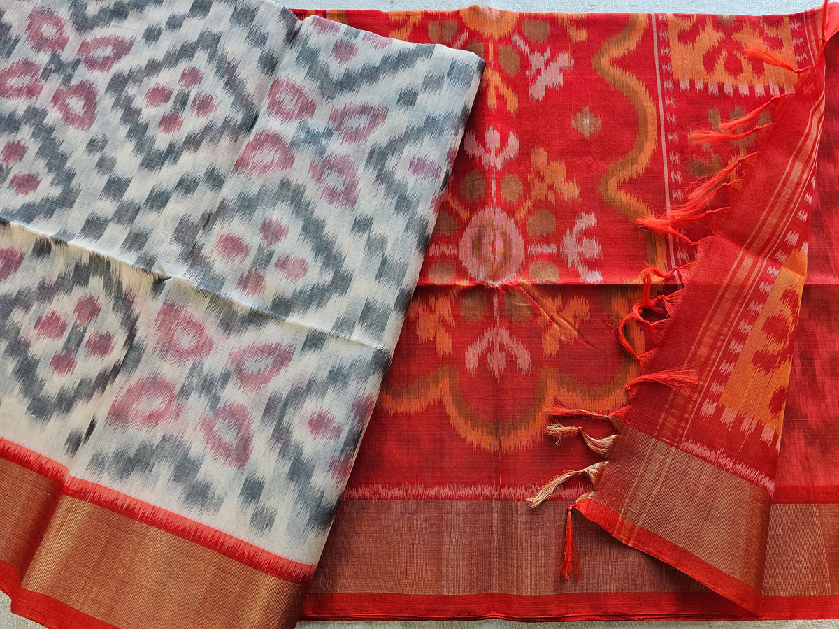Off-white with Orange Pochampally Ikkat Silk Cotton (SICO Pattu)