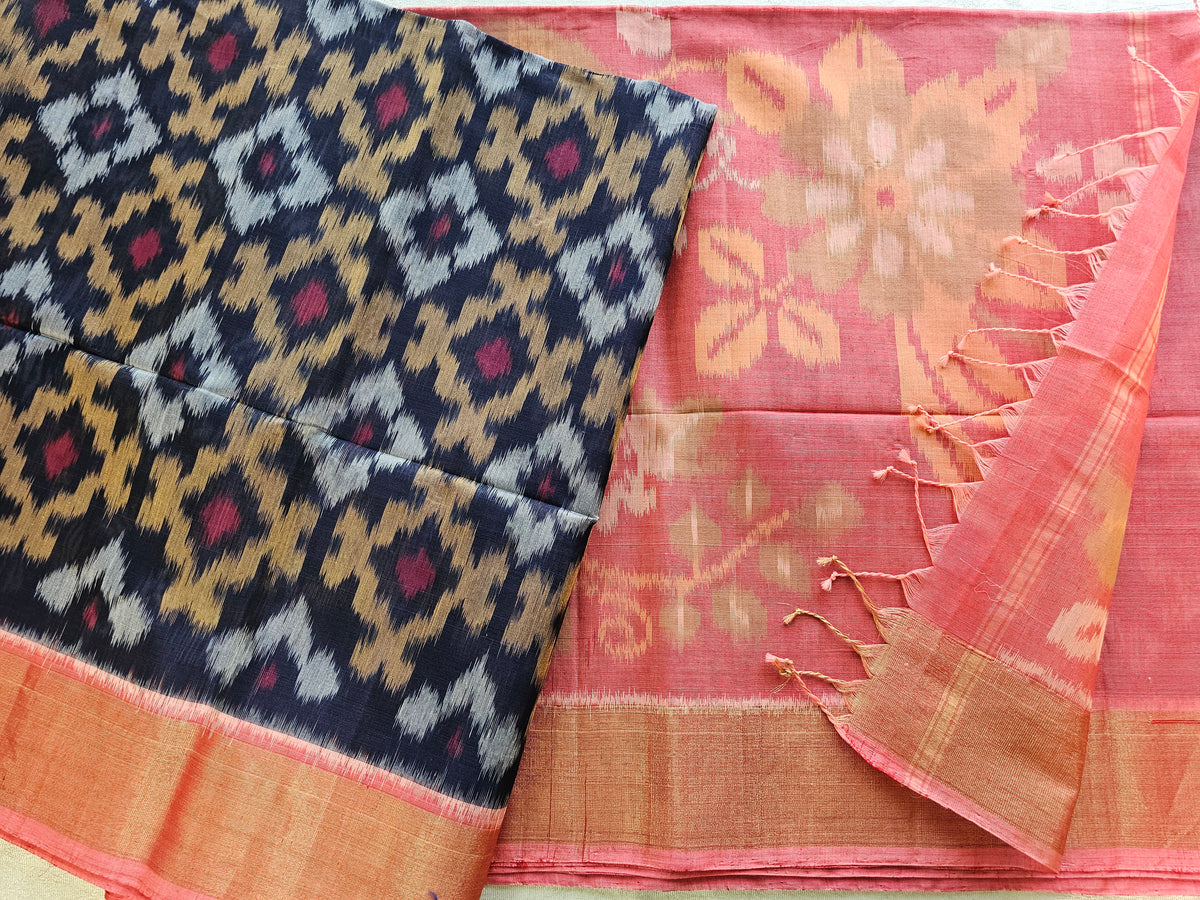 Dark Blue with Peach Pochampally Ikkat Silk Cotton (SICO Pattu)