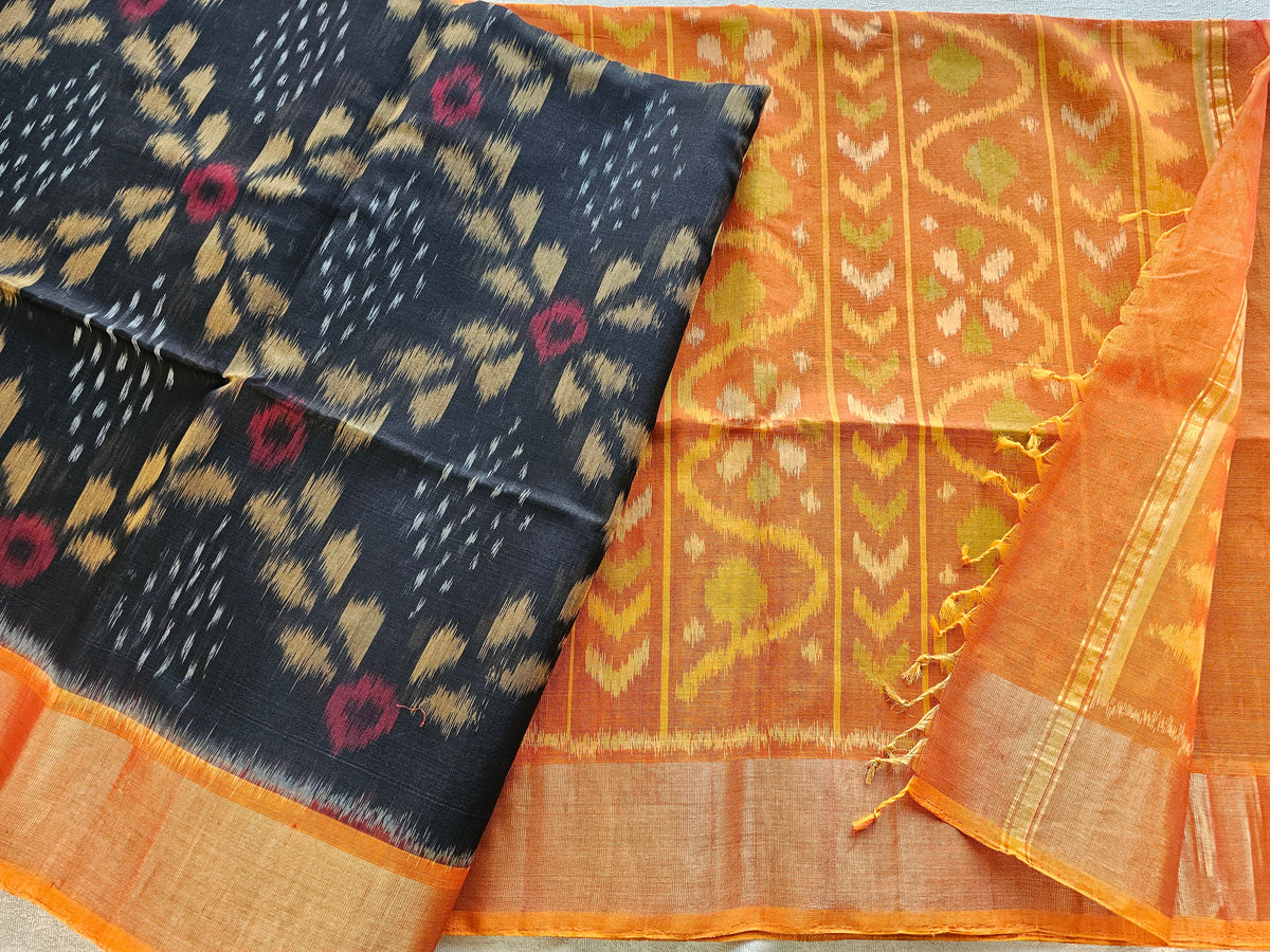 Black with Rust Orange Pochampally Ikkat Silk Cotton (SICO Pattu)