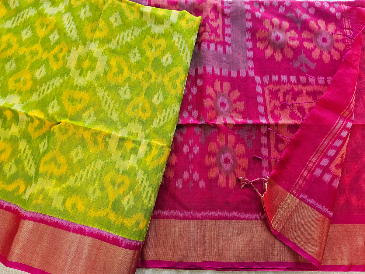 Green with Pink Pochampally Ikkat Silk Cotton (SICO Pattu)