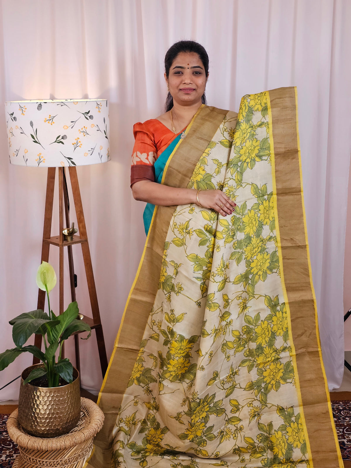 Pure Desi Tussar Silk  - Cream with Yellowish Green