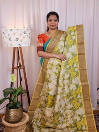 Pure Desi Tussar Silk  - Cream with Yellowish Green