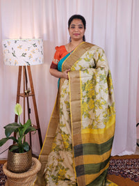Pure Desi Tussar Silk  - Cream with Yellowish Green