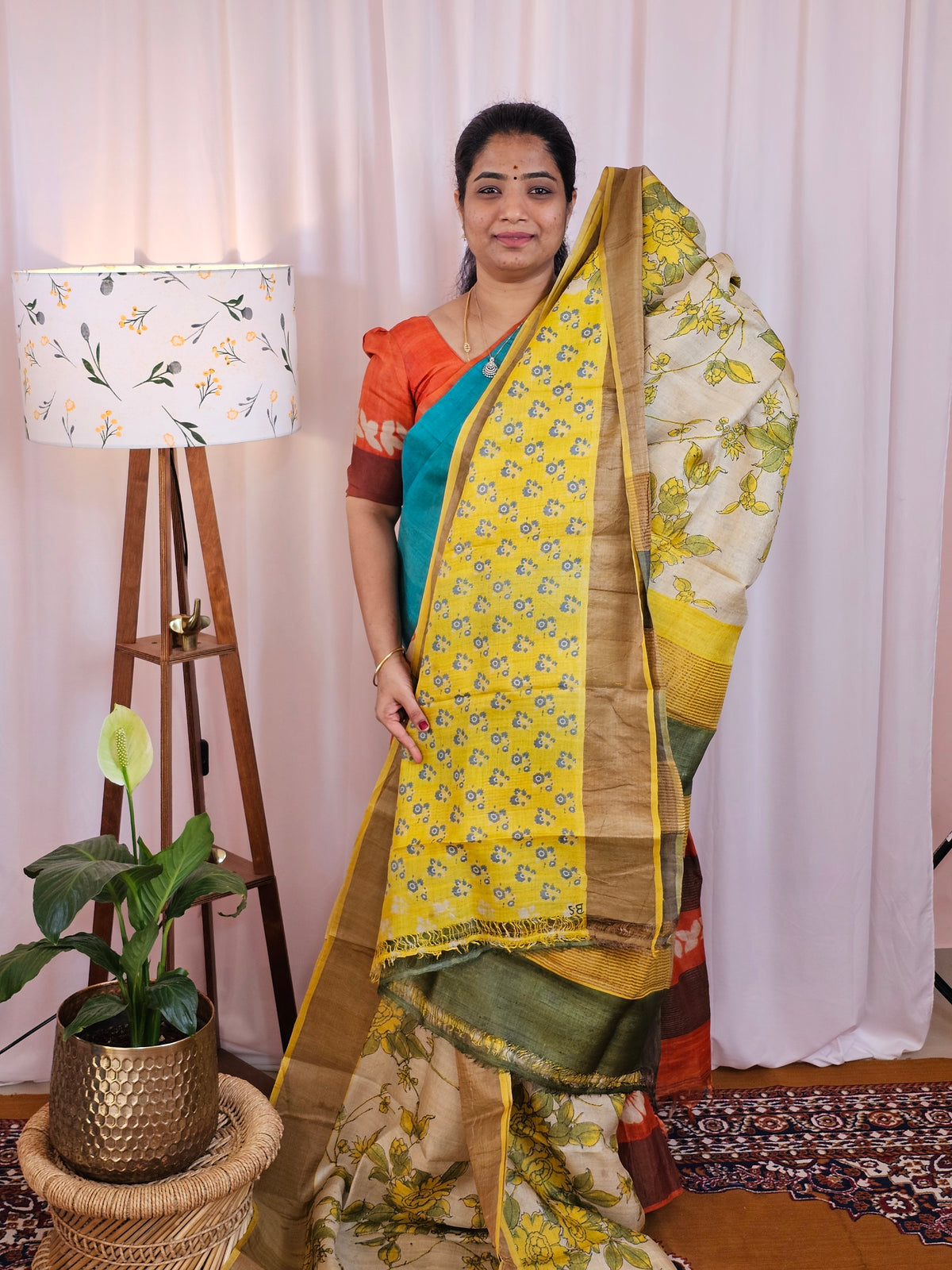 Pure Desi Tussar Silk  - Cream with Yellowish Green