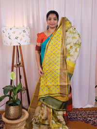 Pure Desi Tussar Silk  - Cream with Yellowish Green