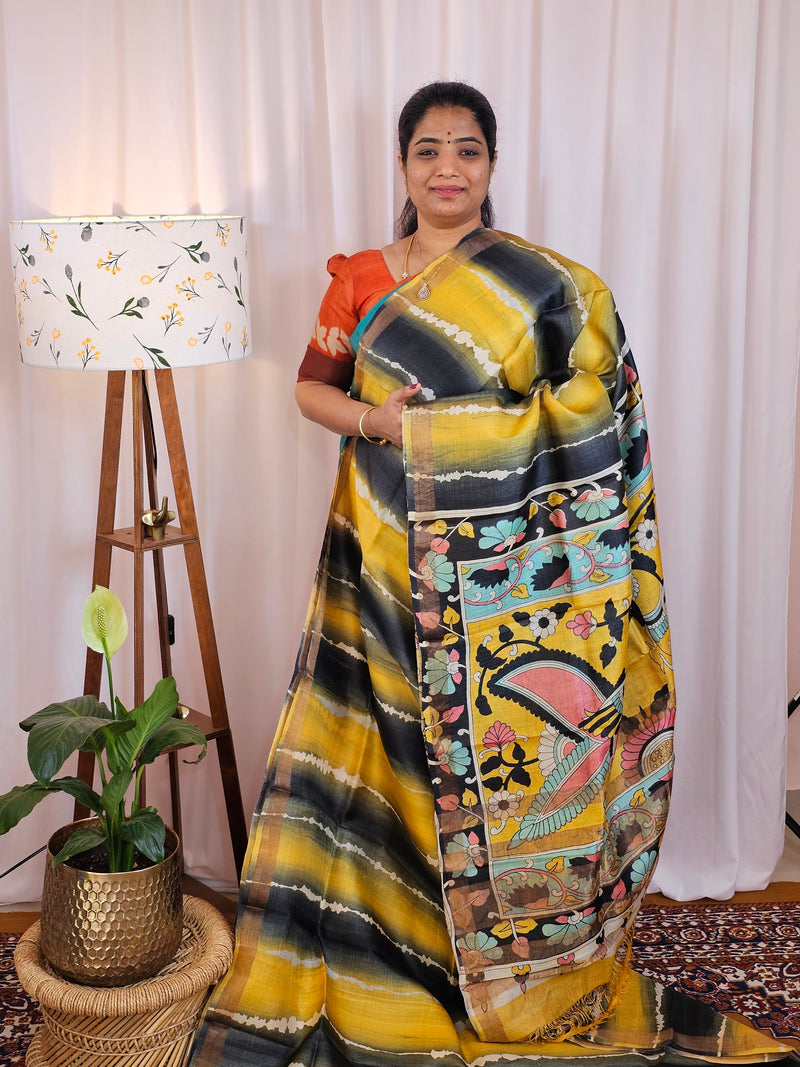 Pure Desi Tussar Silk  - Yellow with Black