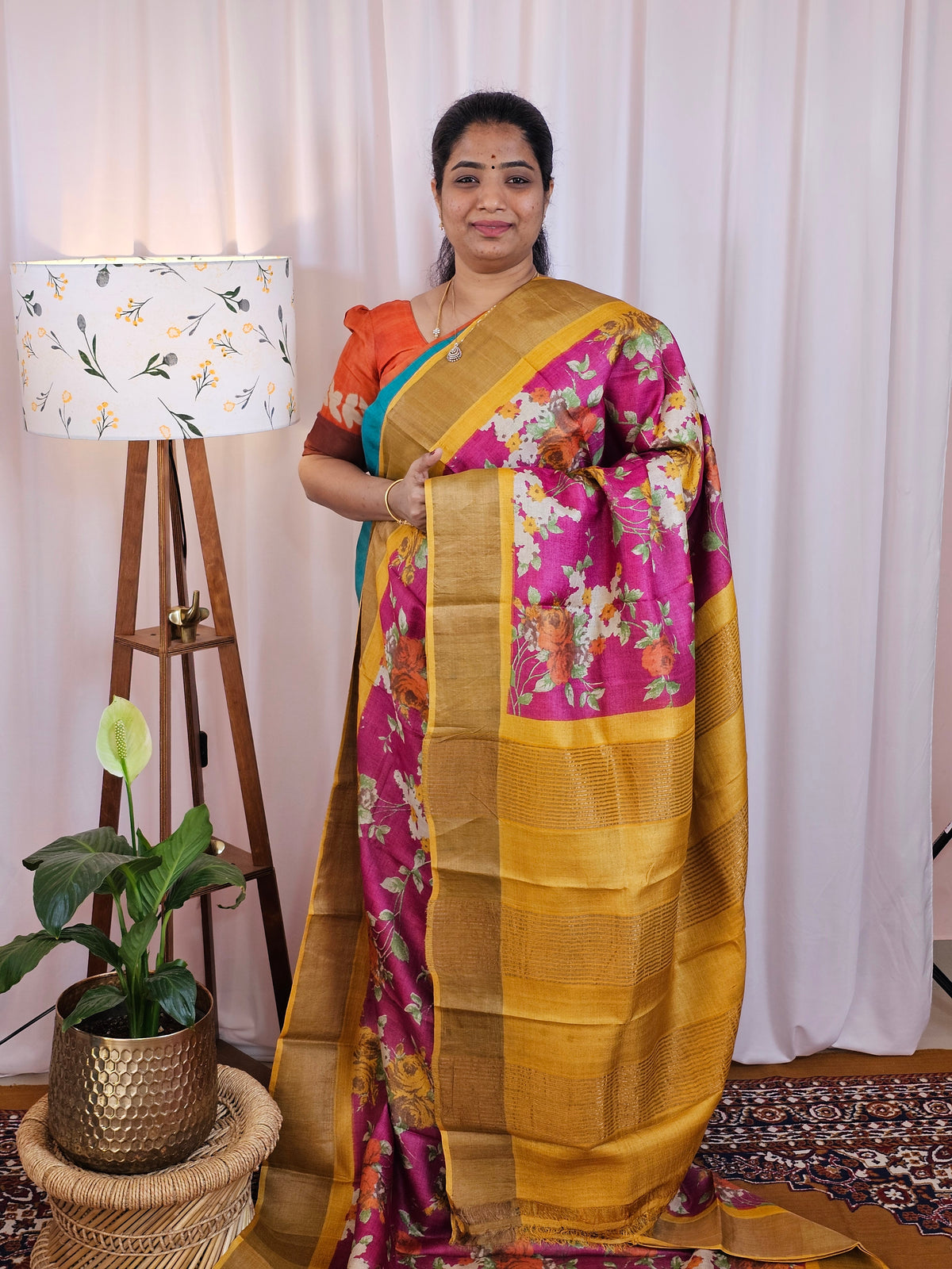 Pure Desi Tussar Silk  - Pink with Yellow