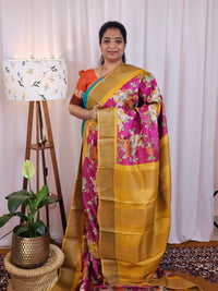 Pure Desi Tussar Silk  - Pink with Yellow