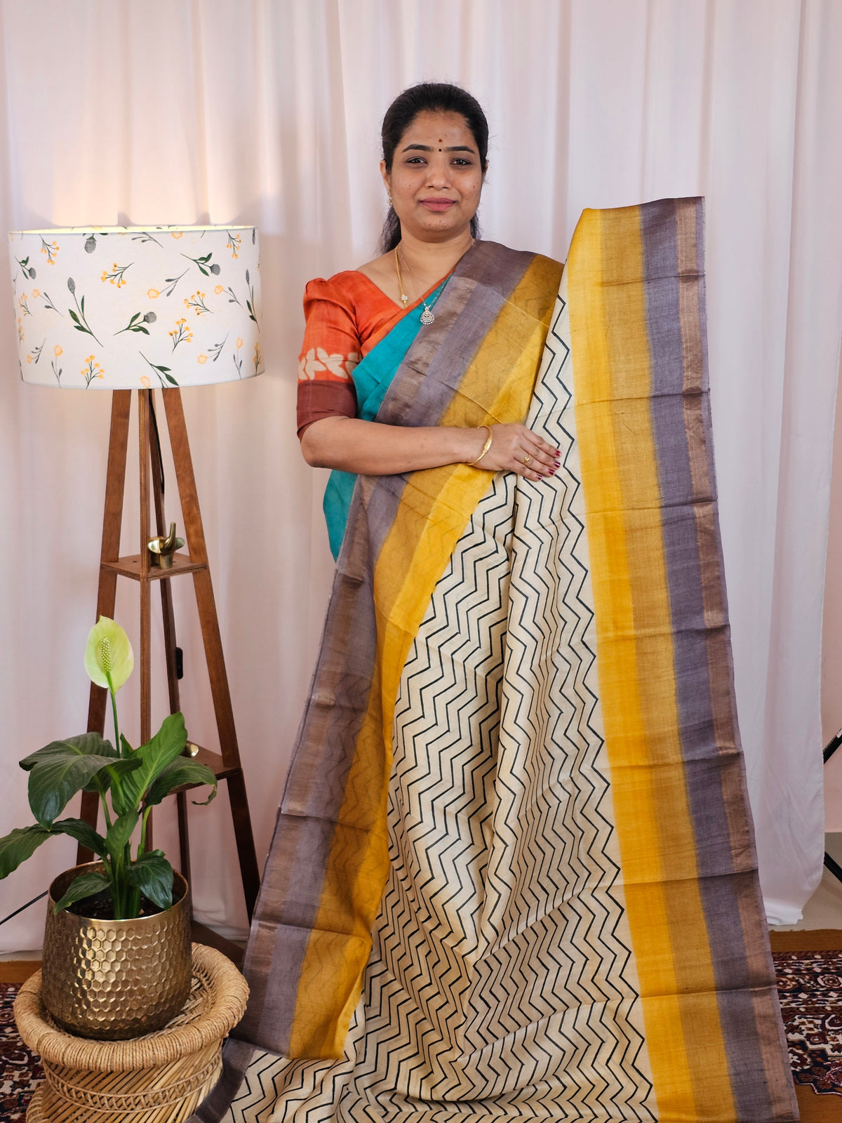 Pure Desi Tussar Silk  - Cream with Yellow