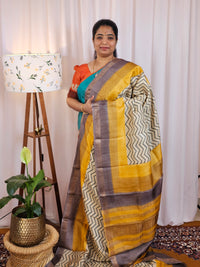 Pure Desi Tussar Silk  - Cream with Yellow