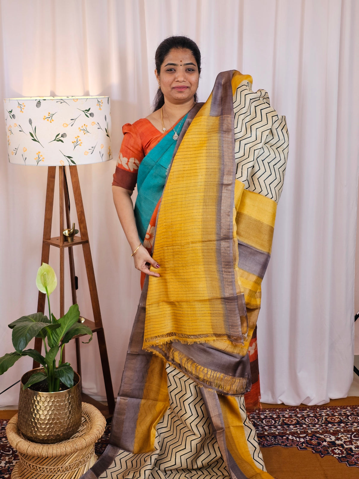 Pure Desi Tussar Silk  - Cream with Yellow
