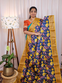 Pure Desi Tussar Silk  - Blue with Yellow