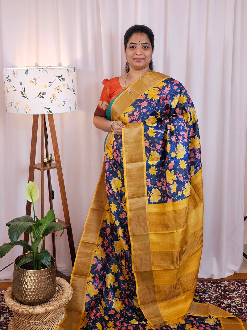 Pure Desi Tussar Silk  - Blue with Yellow