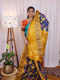 Pure Desi Tussar Silk  - Blue with Yellow