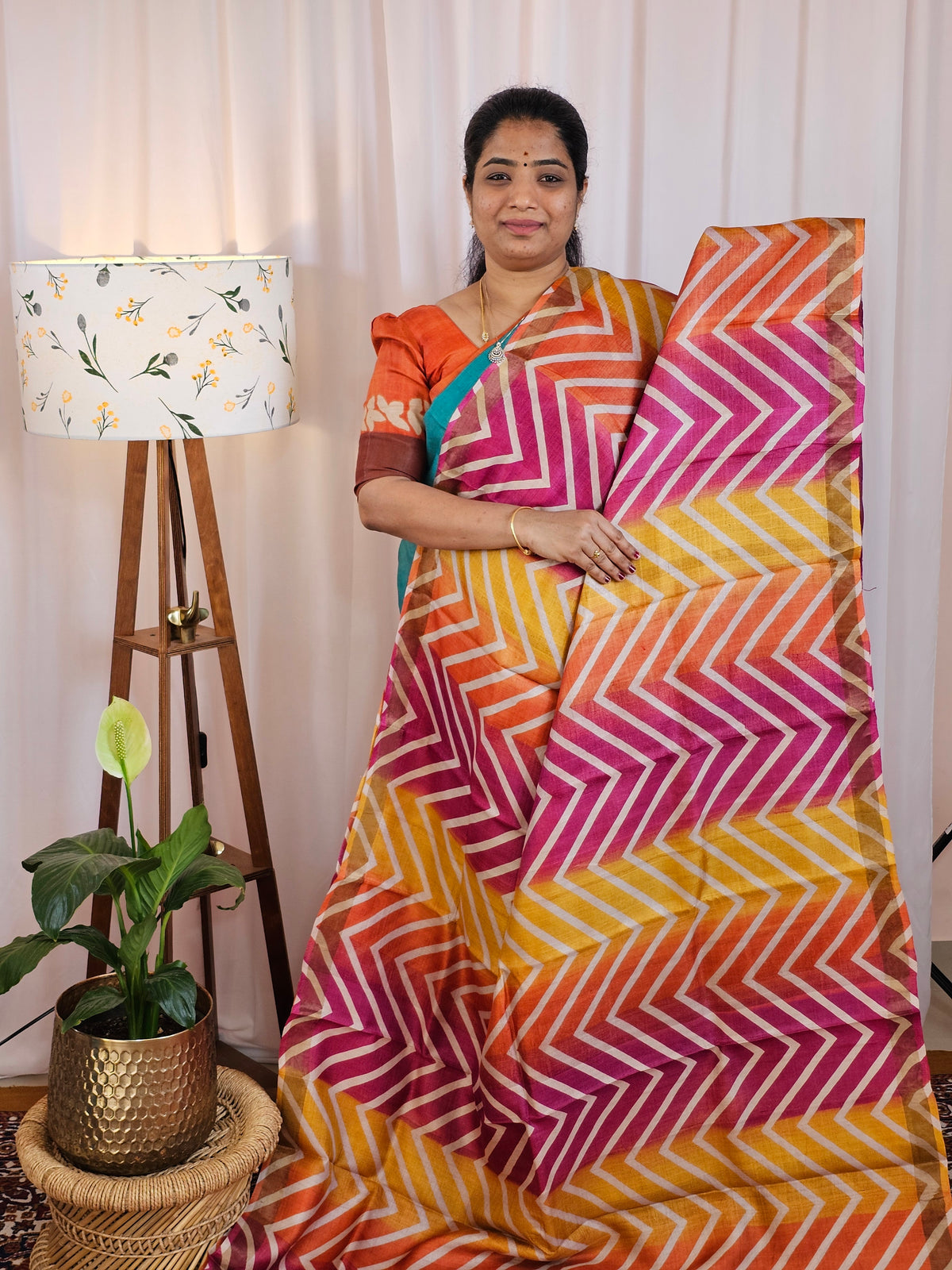 Pure Desi Tussar Silk  - Pink with Yellowish Orange