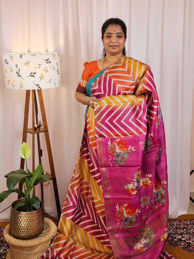 Pure Desi Tussar Silk  - Pink with Yellowish Orange
