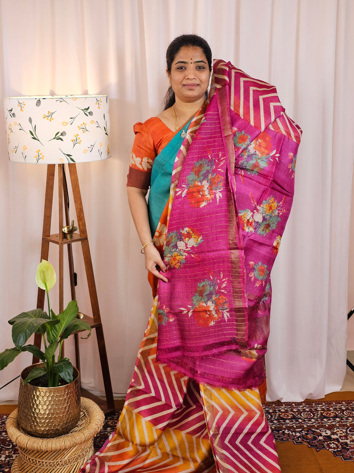 Pure Desi Tussar Silk  - Pink with Yellowish Orange