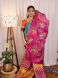 Pure Desi Tussar Silk  - Pink with Yellowish Orange
