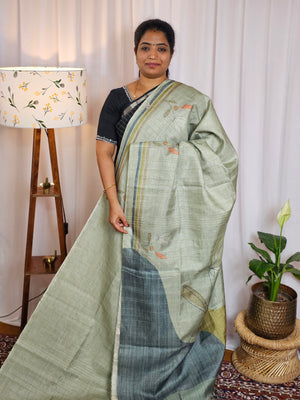 Casual Semi Tussar Digital Prints - Green with Blue