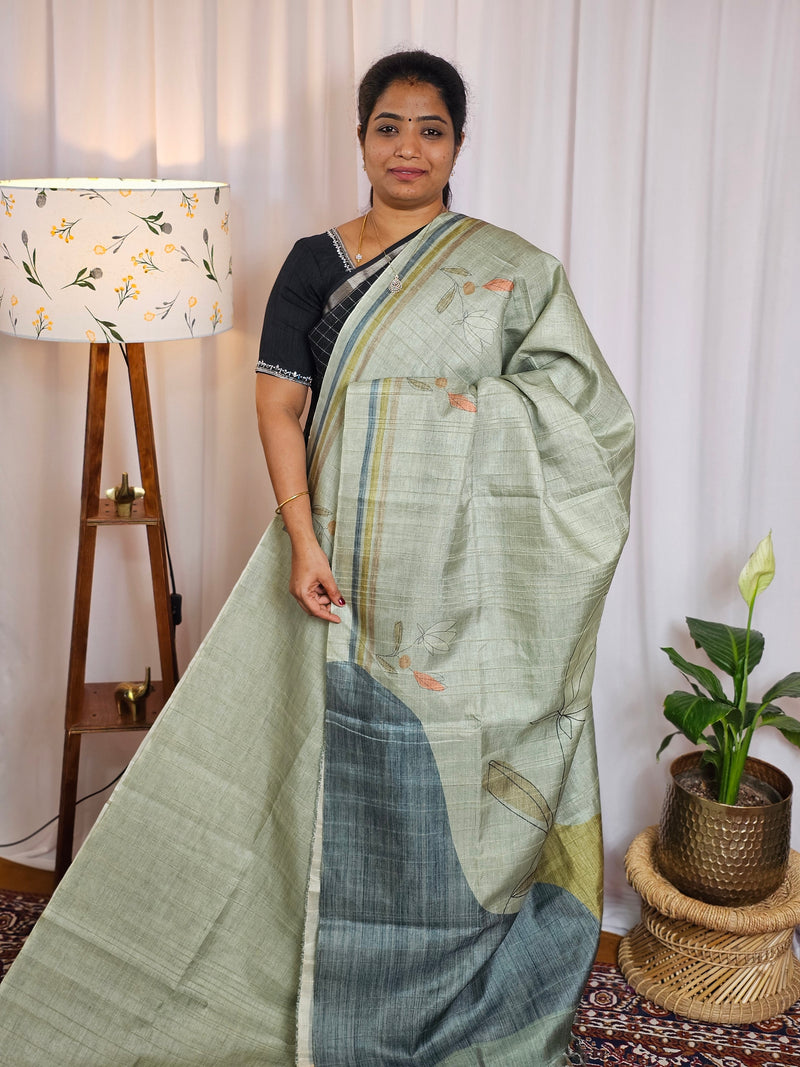 Casual Semi Tussar Digital Prints - Green with Blue