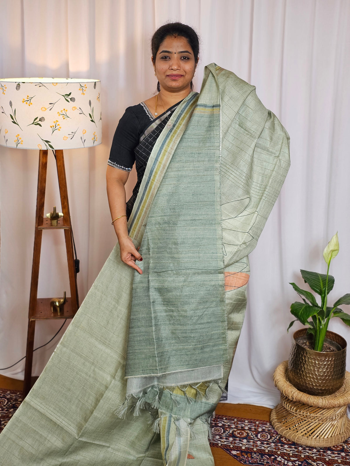 Casual Semi Tussar Digital Prints - Green with Blue