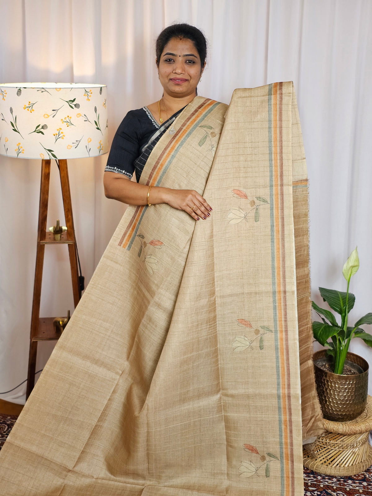 Casual Semi Tussar Digital Prints - Yellow with Brown