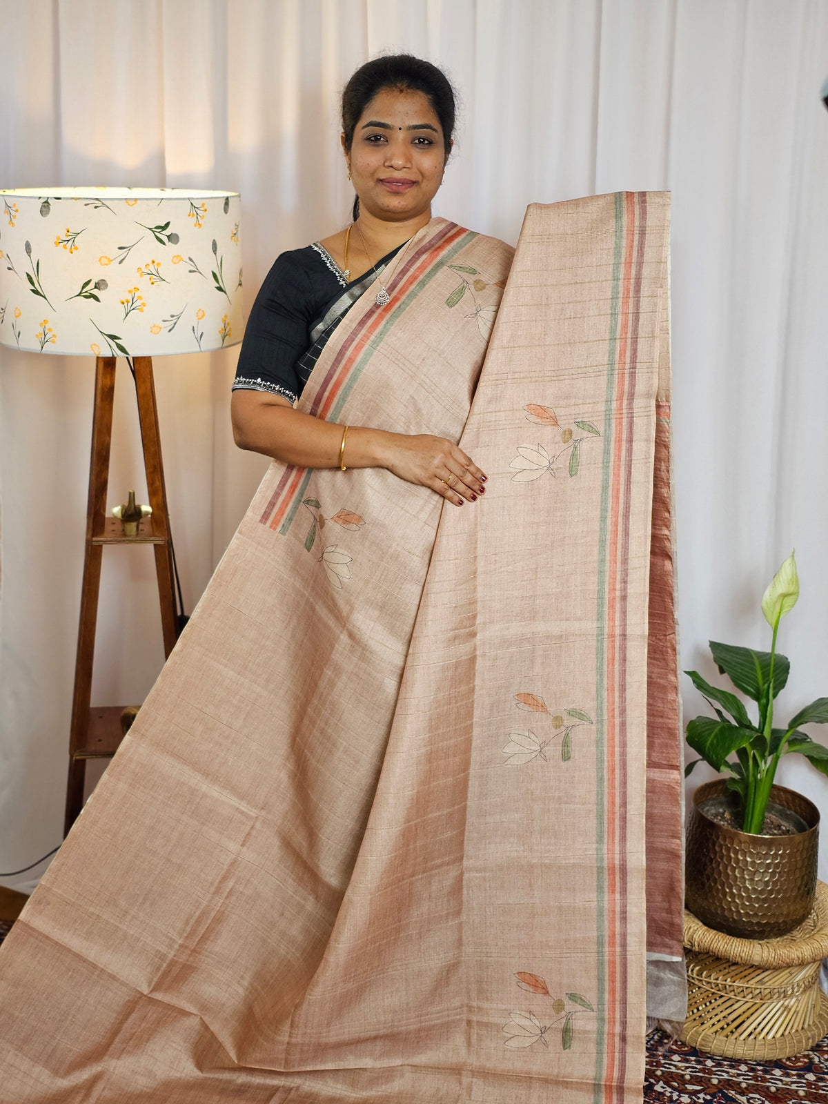 Casual Semi Tussar Digital Prints - Peach with Maroon