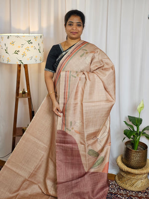 Casual Semi Tussar Digital Prints - Peach with Maroon