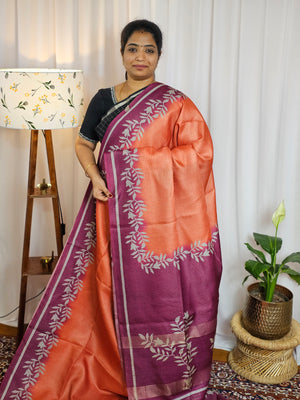 Casual Semi Tussar Checks Weave Saree - Orange with Pink