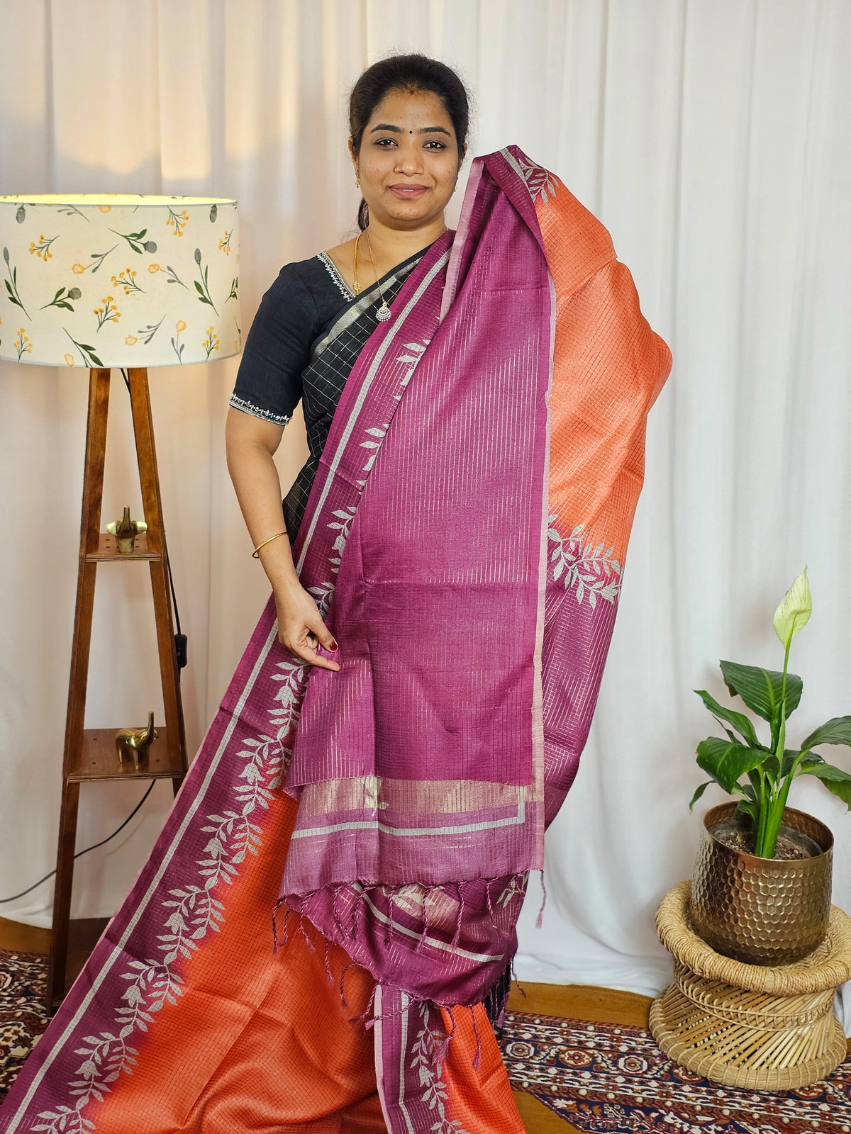 Casual Semi Tussar Checks Weave Saree - Orange with Pink