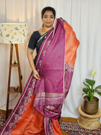 Casual Semi Tussar Checks Weave Saree - Orange with Pink