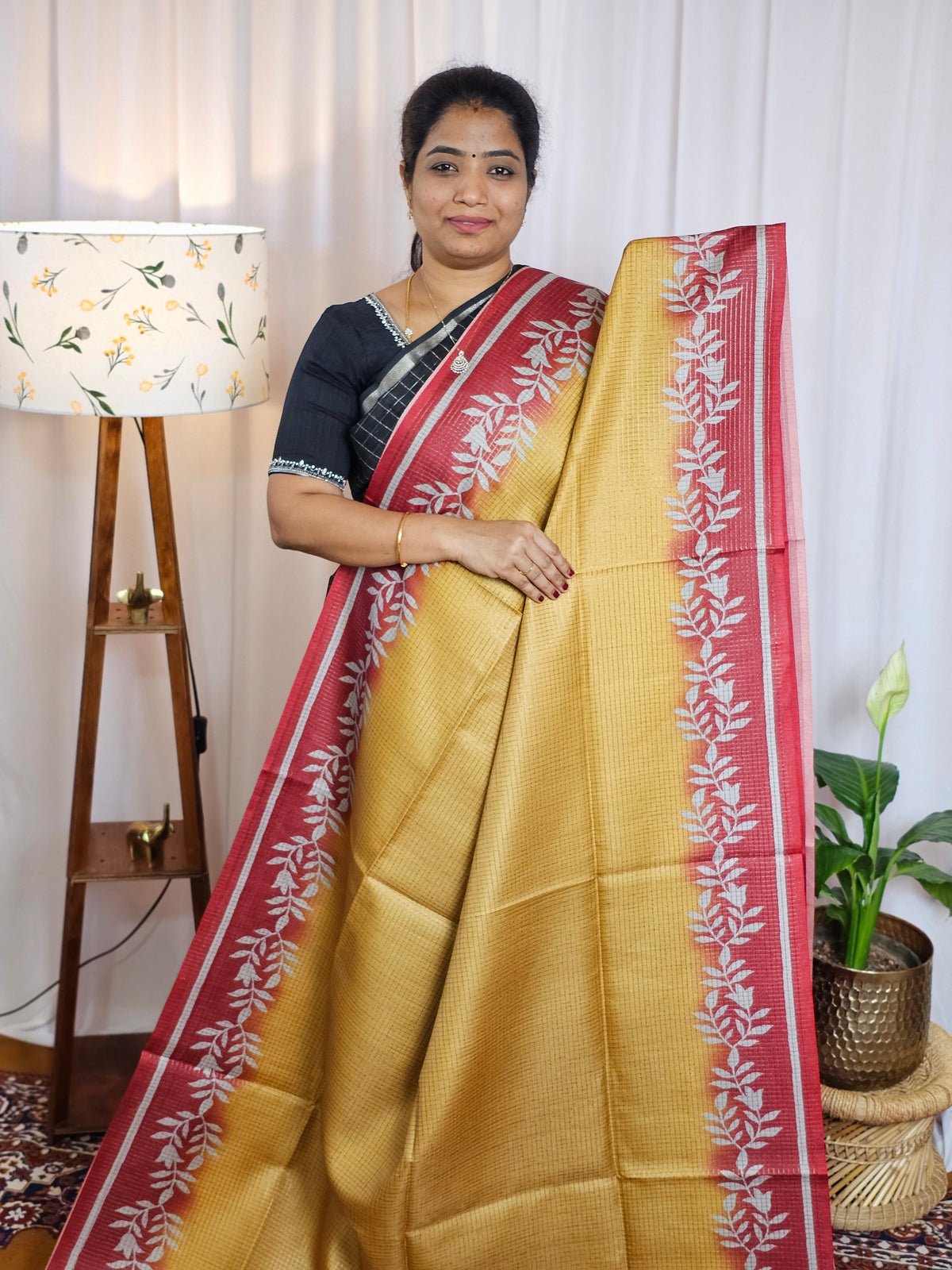 Casual Semi Tussar Checks Weave Saree - Yellow with Red