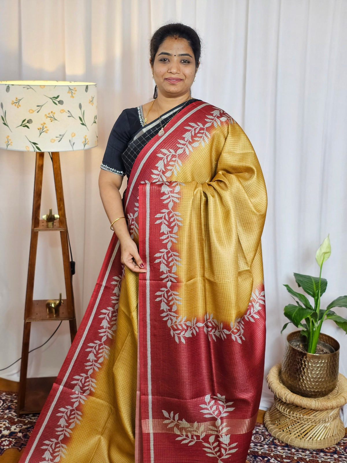 Casual Semi Tussar Checks Weave Saree - Yellow with Red
