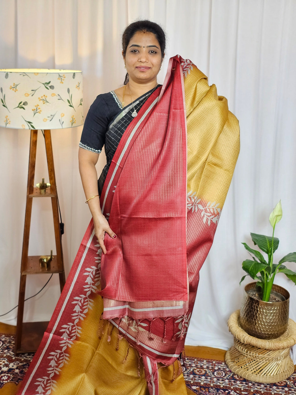 Casual Semi Tussar Checks Weave Saree - Yellow with Red