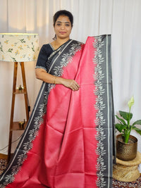 Casual Semi Tussar Checks Weave Saree - Peach with Grey