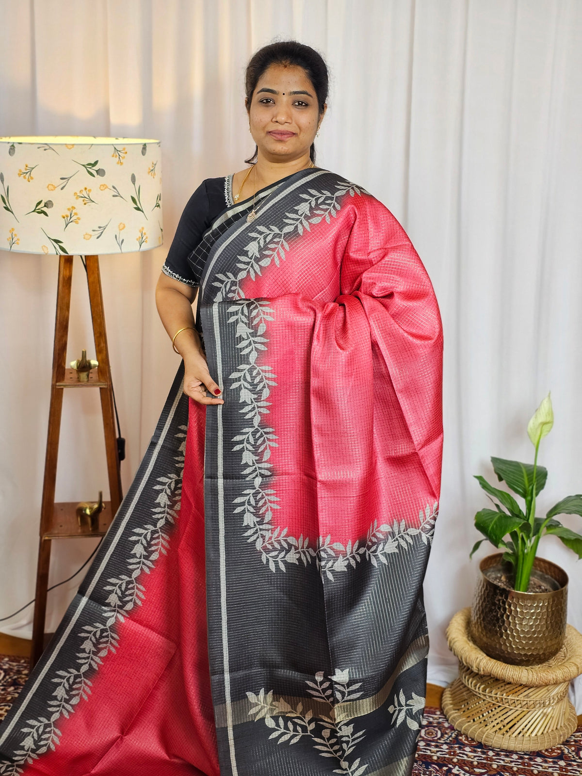 Casual Semi Tussar Checks Weave Saree - Peach with Grey