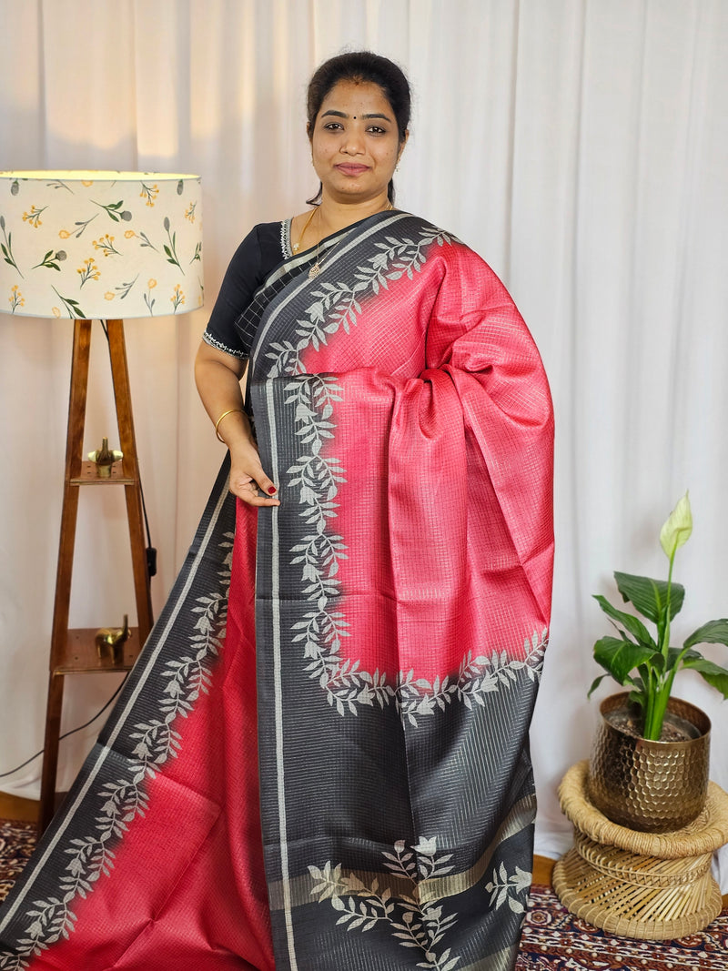 Casual Semi Tussar Checks Weave Saree - Peach with Grey