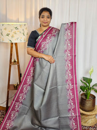 Casual Semi Tussar Checks Weave Saree - Grey with Pink