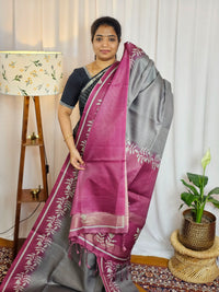 Casual Semi Tussar Checks Weave Saree - Grey with Pink