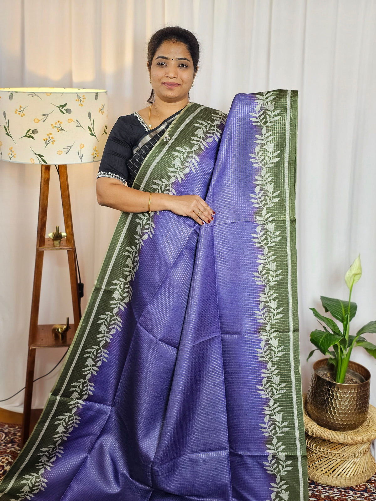 Casual Semi Tussar Checks Weave Saree - Blue with Green