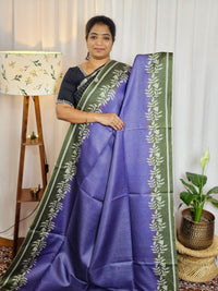 Casual Semi Tussar Checks Weave Saree - Blue with Green
