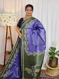 Casual Semi Tussar Checks Weave Saree - Blue with Green