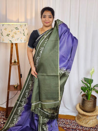 Casual Semi Tussar Checks Weave Saree - Blue with Green