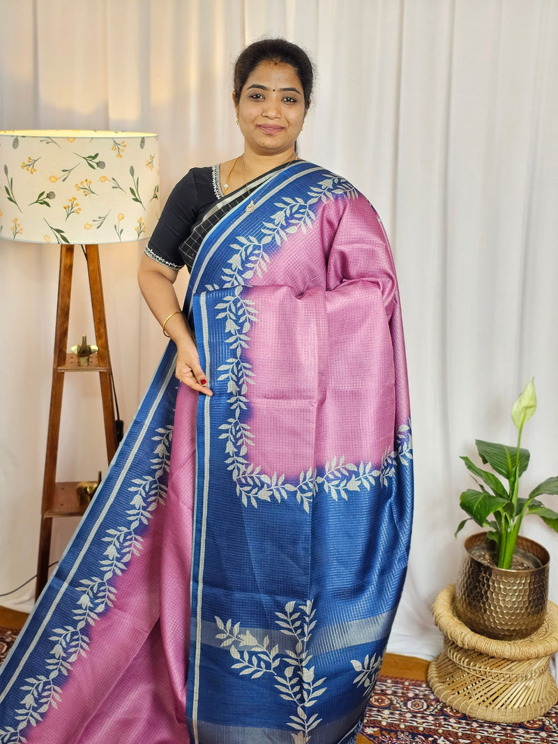 Casual Semi Tussar Checks Weave Saree - Pink with Blue
